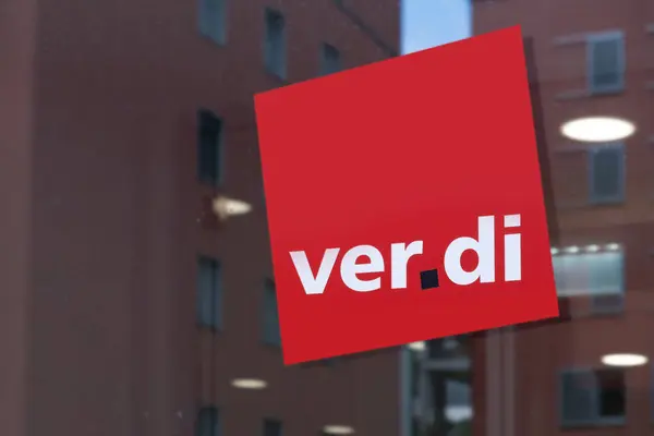 stock image Red Verdi sign, German Trade Union Confederation, advocating for improved worker conditions across Europe, European solidarity, labor rights and social justice, Frankfurt - July 22, 2024