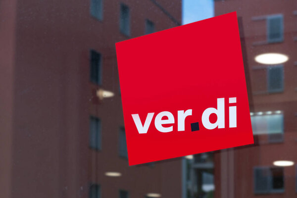 Red Verdi sign, German Trade Union Confederation, advocating for improved worker conditions across Europe, European solidarity, labor rights and social justice, Frankfurt - July 22, 2024