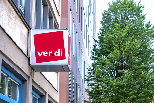 stock image Red Vereinte Dienstleistungsgewerkschaft Verdi sign, German United Services Trade Union building, labor rights and social justice, Frankfurt - July 22, 2024