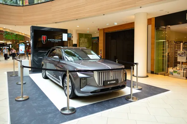 stock image silver Hongqi E-HS9 electric full-size luxury SUV, Chinese Hongqi brand in Studio, zero-emission transportation, electric car innovation, Frankfurt, Germany - July 26, 2024