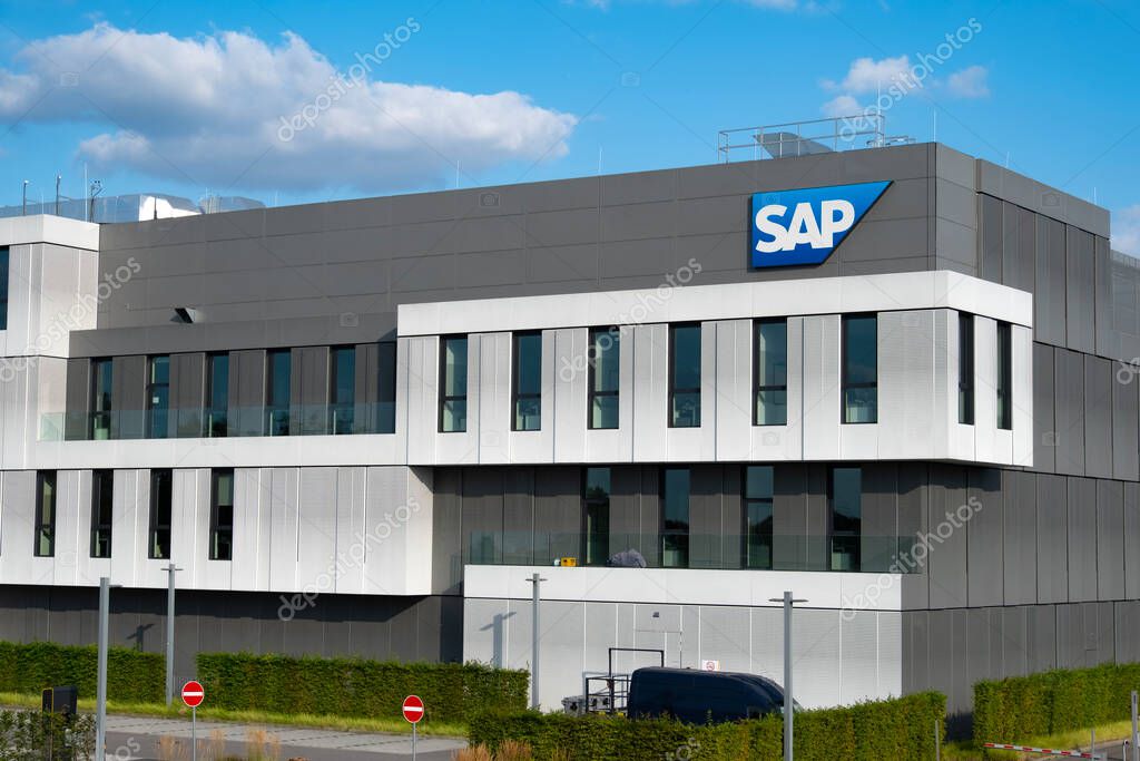 SAP logo on corporate building facade, Global German multinational software company, software giant's visual branding on corporate campus, resource planning, Walldorf, Germany - July 29, 2024
