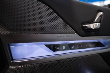 closeup 18-speaker Bowers and Wilkins surround sound system in bmw 7er Limousine G70, bmw i7, Advanced technology in automotive industry, Frankfurt, Germany - March 4, 2024 clipart