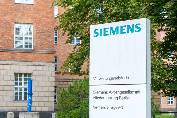 stock image Siemens logo, office German conglomerate Siemens AG operating electrical engineering, electronics, energy equipment, transportation and communications in Berlin, Germany - August 20, 2024