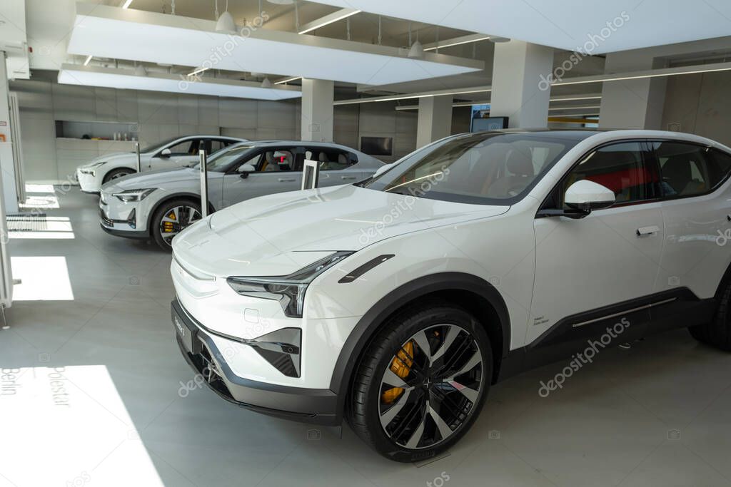 New stylish white electric Polestar 4 car, all-electric SUV, Volvo subsidiary, long-range Car, luxurious eco-friendly vehicle, Berlin, Germany - August 16, 2024