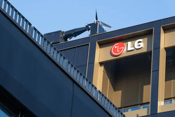 stock image LG logo on facade, technological innovation, South Korean financial and industrial group, electronics, chemical products and telecommunications equipment, Frankfurt, Germany - September 1, 2024