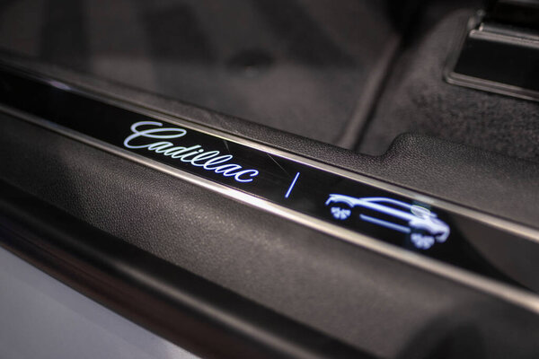 Cadillac Lyriq, premium white electric SUV, car in showroom, showcasing brands advanced technology in Europe, automotive industry, Frankfurt, Germany - September 28, 2024      