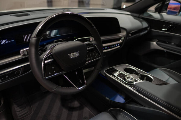 modern and stylish interior Cadillac Lyriq, steering wheel premium electric SUV, brands advanced technology in Europe, automotive industry, Frankfurt, Germany - September 28, 2024 