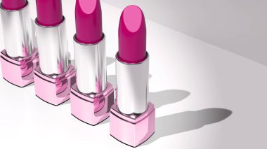 Lüks koleksiyon, ahududu, pembe ruj, altın kaplama tüpler zarif bir şekilde yerleştirilmiş, sofistike, kaliteli makyaj ürünlerini temsil eden, 3D