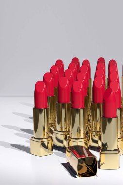 Parlak yüzeye altın kaplamalı lüks ruj, doğal kozmetik lüksü, güzellik endüstrisi cazibesi, zenginlik yüksek kaliteli makyaj seçenekleri, 3D görüntüleme.