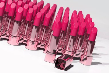 Lüks koleksiyon, ahududu, pembe ruj, altın kaplama tüpler zarif bir şekilde yerleştirilmiş, sofistike, kaliteli makyaj ürünlerini temsil eden, 3D