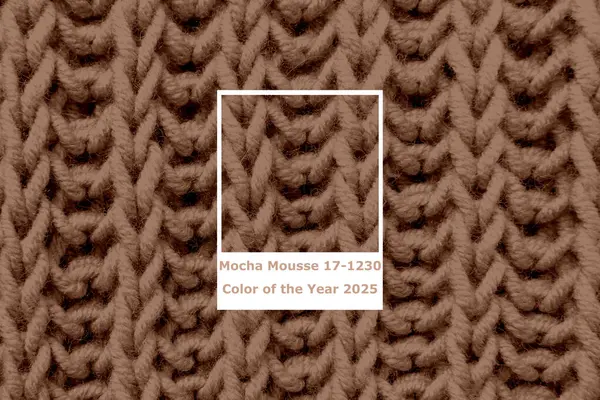 PANTONE 17-1230 Mocha Mousse, desen sofistike, toprak rengi 2025 örgü örgülü, doğal yün ipliği, moda tasarım endüstrisi için örülmüş doku, Frankfurt - 5 Aralık 2024