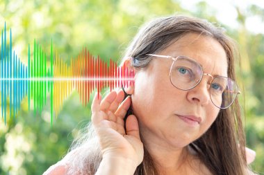 caucasian mature woman, female ear closeup listening, sound wave, acoustics Auditory System, Hearing Test, Cochlear implant, Assistive listening device clipart