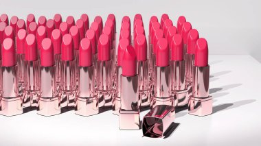 Lüks koleksiyon, ahududu, pembe ruj, altın kaplama tüpler zarif bir şekilde yerleştirilmiş, sofistike, kaliteli makyaj ürünlerini temsil eden, 3D