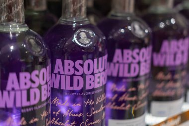 Sıra Absolut Warhol votka şişeleri yakın plan, ticari kaliteli alkollü içecek, gümrüksüz satış, markanın sanat ve pop kültürüyle ortaklığı, reklam ürünü fotoğrafçılığı