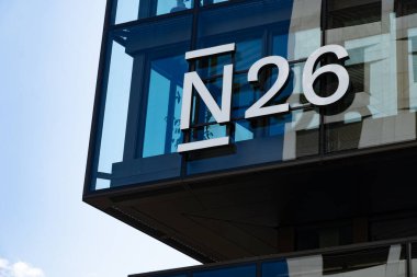 N26 logo German digital bank on glass facade, modern approach to finance, innovation and financial technology, Berlin, Germany - August 16, 2024 clipart