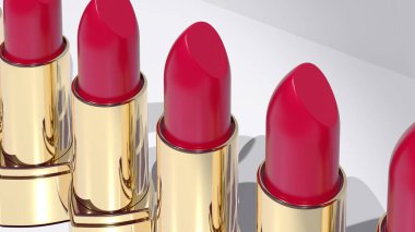 Lüks koleksiyon, ahududu, pembe ruj, altın kaplama tüpler zarif bir şekilde yerleştirilmiş, sofistike, kaliteli makyaj ürünlerini temsil eden, 3D