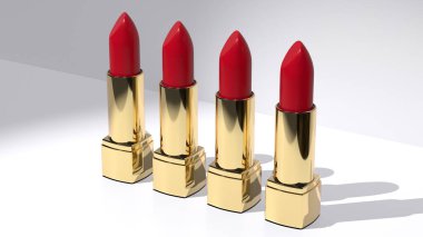 Parlak yüzeye altın kaplamalı lüks ruj, doğal kozmetik lüksü, güzellik endüstrisi cazibesi, zenginlik yüksek kaliteli makyaj seçenekleri, 3D görüntüleme.