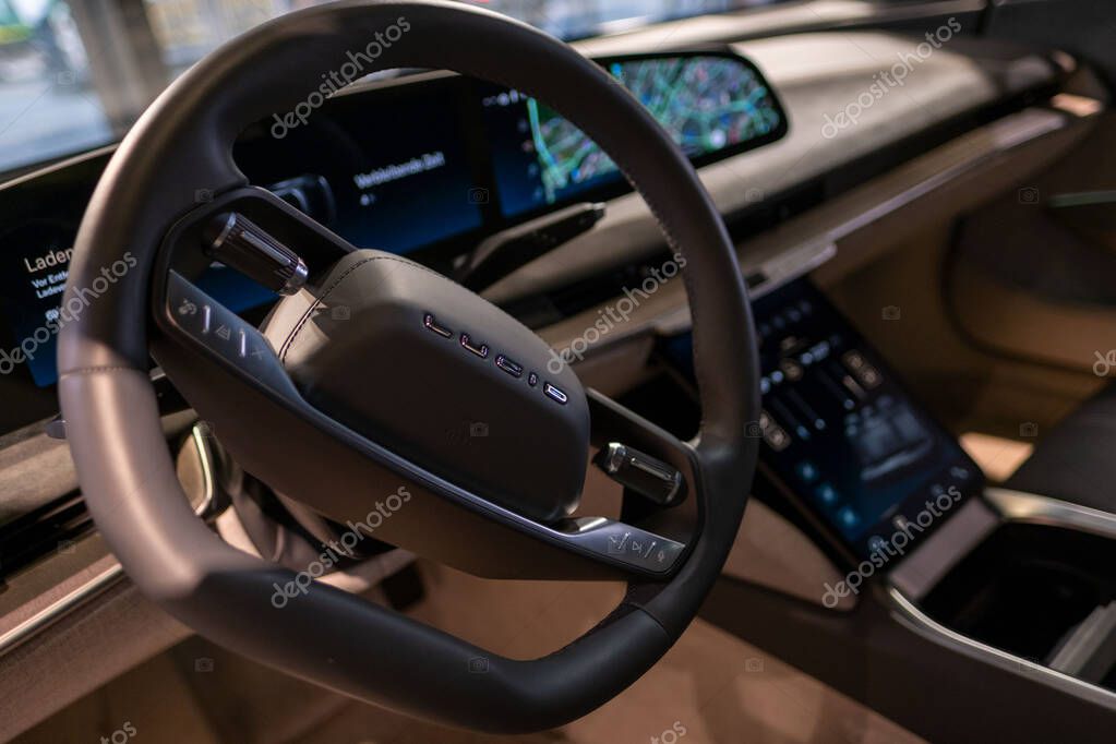 Steering wheel, Interior electric Lucid Air, battery electric 4-door luxury sedan, future sustainable mobility Lucid Motors, advancements automotive industry, Frankfurt, Germany - January 25, 2025