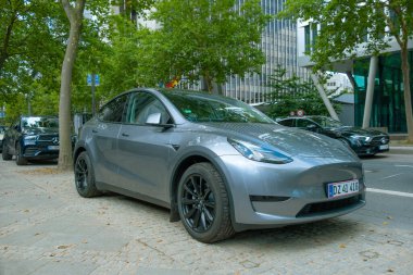 Silver Tesla Model Y, Elon Musk Tesla motor şirketi, supercar dynamics, Otomotiv endüstrisi, Frankfurt, Almanya - 22 Temmuz 2024