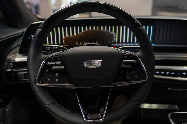 steering wheel Polestar 3, cockpit, left-hand drive interior Volvos EV subsidiary, featuring sleek lines and high-end finishes for sophisticated automotive environment, London - September 17, 2024 