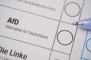 Almanya federal seçimleri için oy pusulası, AfD partisi için oy pusulası, seçim bütünlüğü, demokratik süreç ve vatandaşların oy hakkı, Almanya 'da siyasi seçimler, Frankfurt - 6 Şubat 2025