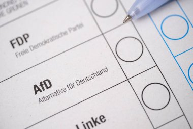 Almanya federal seçimleri için oy pusulası, AfD partisi için oy pusulası, seçim bütünlüğü, demokratik süreç ve vatandaşların oy hakkı, Almanya 'da siyasi seçimler, Frankfurt - 6 Şubat 2025