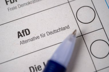 Almanya federal seçimleri için oy pusulası, AfD partisi için oy pusulası, seçim bütünlüğü, demokratik süreç ve vatandaşların oy hakkı, Almanya 'da siyasi seçimler, Frankfurt - 6 Şubat 2025