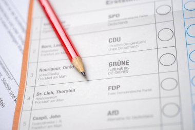 Alman federal seçimleri için oy pusulası, Yeşil Parti için oy pusulası, seçim bütünlüğü, demokratik süreç, vatandaşların oy hakkı, Almanya 'da siyasi seçimler, Frankfurt - 6 Şubat 2025