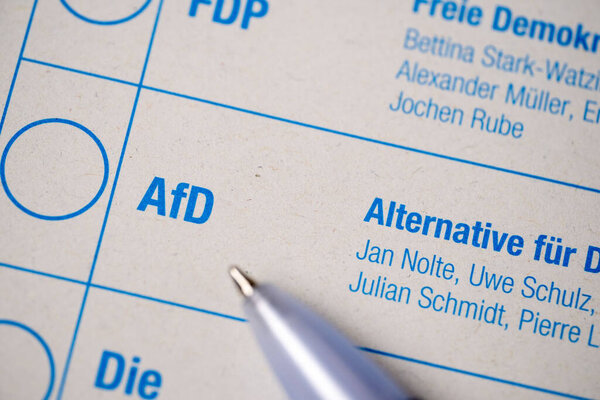 бюллетень для голосования на федеральных выборах в Германии, маркировка бюллетеня для голосования за партию AfD, избирательная целостность, демократический процесс и право голоса граждан, политический выбор в Германии, Франкфурт - 6 февраля 2025 года