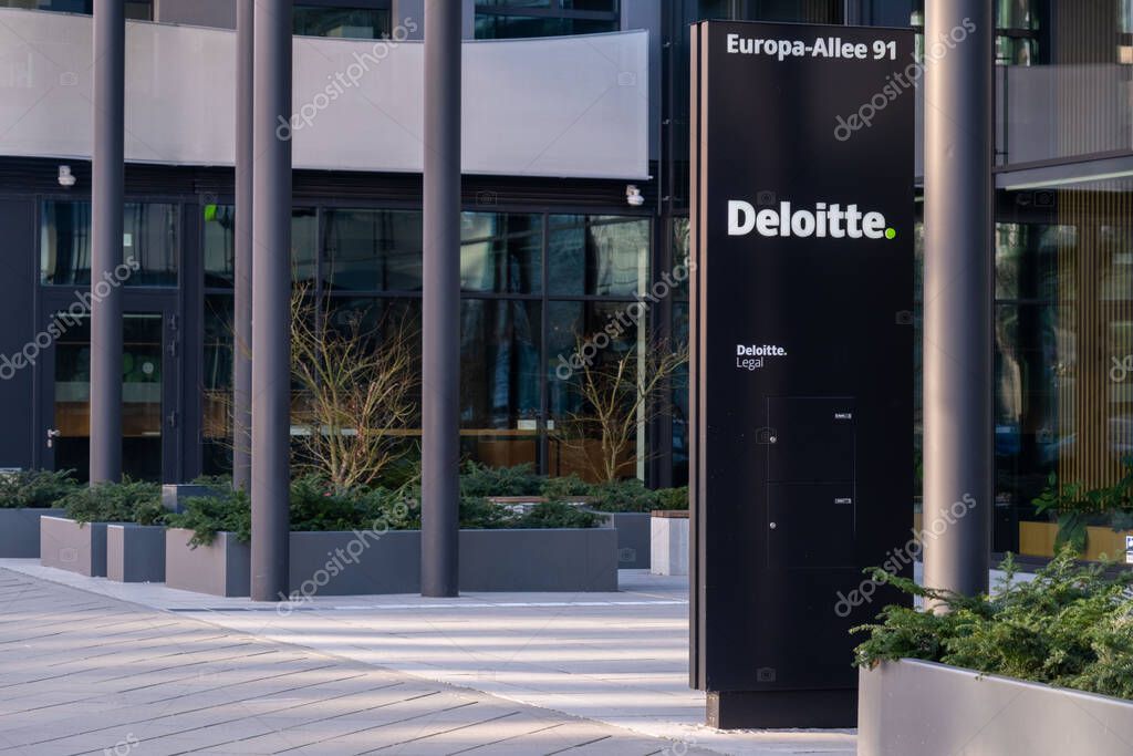 Logo consulting company Deloitte Touche Tohmatsu Limited building in downtown Frankfurt, multinational professional services network, Big Four accounting firms, Frankfurt - January, 19, 2025