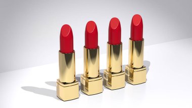 Parlak yüzeye altın kaplamalı lüks ruj, doğal kozmetik lüksü, güzellik endüstrisi cazibesi, zenginlik yüksek kaliteli makyaj seçenekleri, 3D görüntüleme.