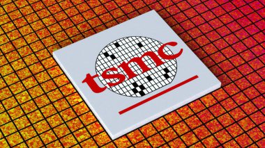 Tayvan yarı iletken üretim şirketi TSMC logosu, Tayvan yarı iletken üretimi, çip üretimi, IC üretimi, Silikon Wafer, Nanoteknoloji, 3D render, Frankfurt - 13 Mart 2025