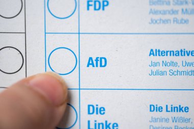 Almanya federal seçimleri için oy pusulası, AfD partisi için oy pusulası, seçim bütünlüğü, demokratik süreç ve vatandaşların oy hakkı, Almanya 'da siyasi seçimler, Frankfurt - 6 Şubat 2025