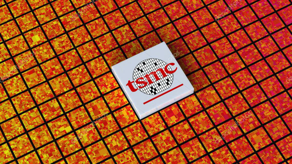 Taiwan Semiconductor Manufacturing Company TSMC logo, Taiwan Semiconductor manufacturing, Chip fabrication, IC production, Silicon Wafer, Nanotechnology, 3d render, Frankfurt - March 13, 2025