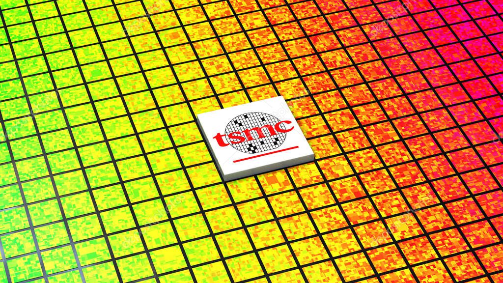Taiwan Semiconductor Manufacturing Company TSMC logo, Taiwan Semiconductor manufacturing, Chip fabrication, IC production, Silicon Wafer, Nanotechnology, 3d render, Frankfurt - March 13, 2025