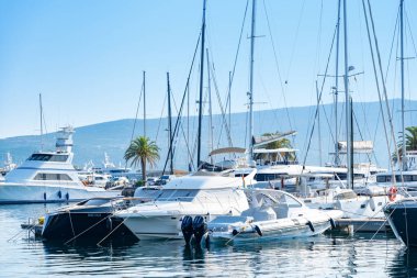 Kotor Körfezi marinasındaki lüks yatlar, Porto Karadağ 'daki son model marinaya yanaşmış, arkasında Montenegros ikonik dağları, Tivat, Karadağ - 6 Ağustos 2024 