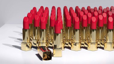 Parlak yüzeye altın kaplamalı lüks ruj, doğal kozmetik lüksü, güzellik endüstrisi cazibesi, zenginlik yüksek kaliteli makyaj seçenekleri, 3D görüntüleme.