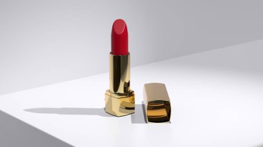 Hafif yüzeyde zarif altın renkli ruj, zamansız alımlı doğal güzellik ürünlerini temsil ediyor güzellik ve moda blogları için mükemmel, makyaj ürünü, 3D görüntüleme.