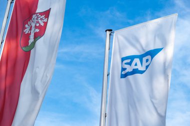 SAP bayrağı, modern reklam logosu Alman çokuluslu yazılım SAP SE şirketi, işletme ve müşteri ilişkileri, Walldorf, Almanya - 29 Temmuz 2024
