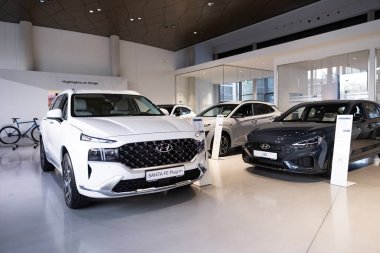 Hyundai Santa Fe Flug araba galerisi. Yeni araç sergileniyor. Otomotiv endüstrisi, performans teknolojisi yeniliği, araba kullanımının geleceği, EV Avrupa, Frankfurt - 13 Aralık 2023