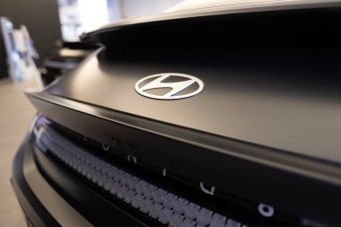 Siyah arabanın üzerine Hyundai Ioniq 5 logosu. Elektrikli araç detayı. Otomotiv endüstrisi. Otomotiv endüstrisi, performans teknolojisi yeniliği, araba kullanımının geleceği, EV Avrupa, Frankfurt - 13 Aralık 2023