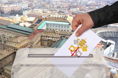 Papazın eli seçimini oy sandığına, Vatikan Belediye Meclisi 'ne, papalık seçimine, Katolik Kilisesi' ne dini törene, Vatikan bayrağına, Hristiyanlığa,