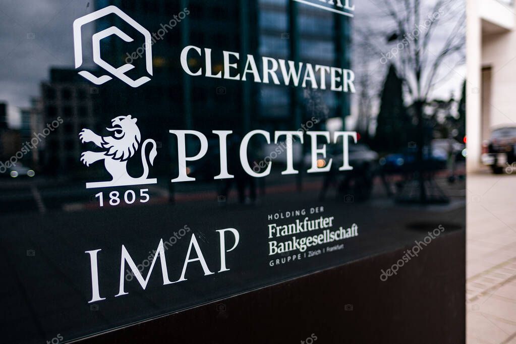 Iconic lion logo Pictet, renowned Swiss private bank Pictet Group, prominently displayed on glass facade, leading European independent investment firm offering, Frankfurt am main - January 25, 2025