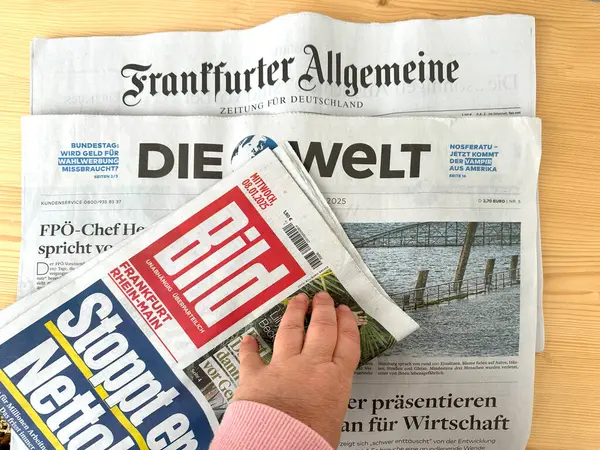 Aralarında Bild, Die Welt ve Allgemeine Zeitung 'un da bulunduğu bir yığın Alman gazetesi, tahtadan bir masanın üzerinde duruyor, basılı medya, Alman medyasını cezbediyor, Frankfurt - 15 Ocak, 2025