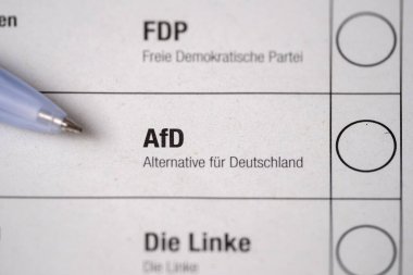 Almanya federal seçimleri için oy pusulası, AfD partisi için oy pusulası, seçim bütünlüğü, demokratik süreç ve vatandaşların oy hakkı, Almanya 'da siyasi seçimler, Frankfurt - 6 Şubat 2025