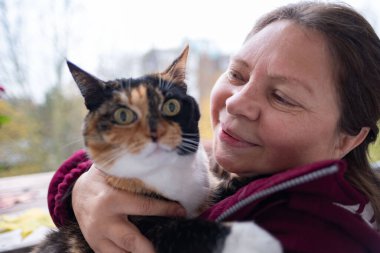 Kedi sahibi ve sevilen üç renkli evcil hayvan arasındaki hassas an saf koşulsuz sevgiyi yakalar, dişi evcil kediyle sahibi arasında gerçek bir bağ, insan-hayvan bağı.