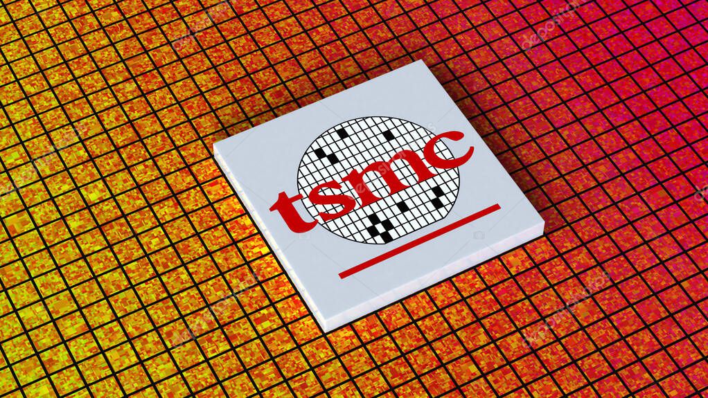 Taiwan Semiconductor Manufacturing Company TSMC logo, Taiwan Semiconductor manufacturing, Chip fabrication, IC production, Silicon Wafer, Nanotechnology, 3d render, Frankfurt - March 13, 2025
