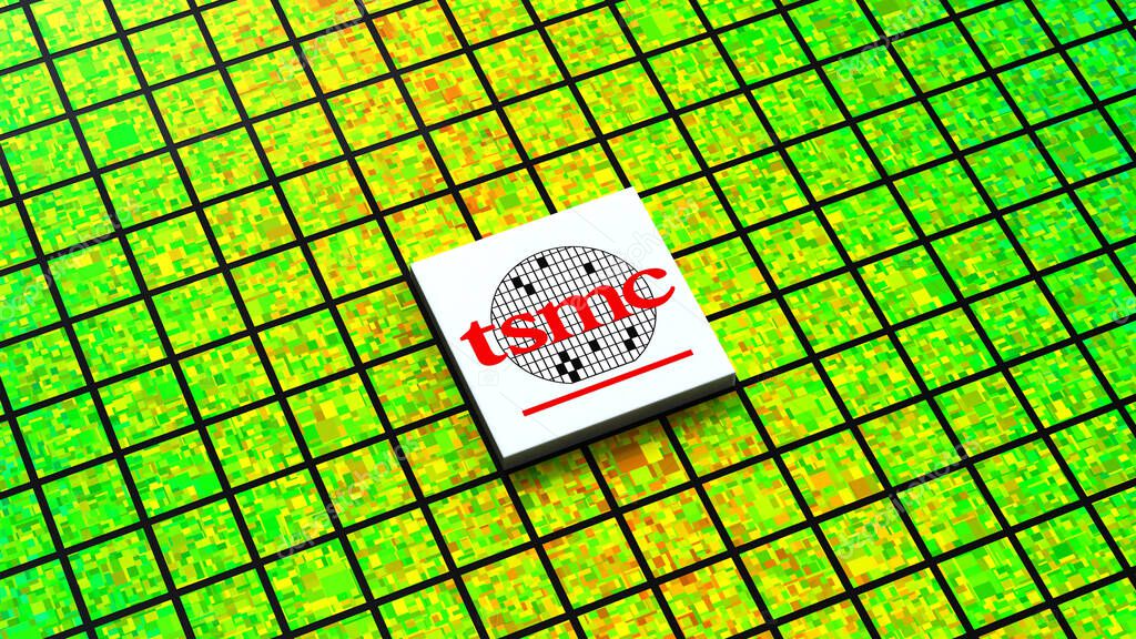 Taiwan Semiconductor Manufacturing Company TSMC logo, Taiwan Semiconductor manufacturing, Chip fabrication, IC production, Silicon Wafer, Nanotechnology, 3d render, Frankfurt - March 13, 2025