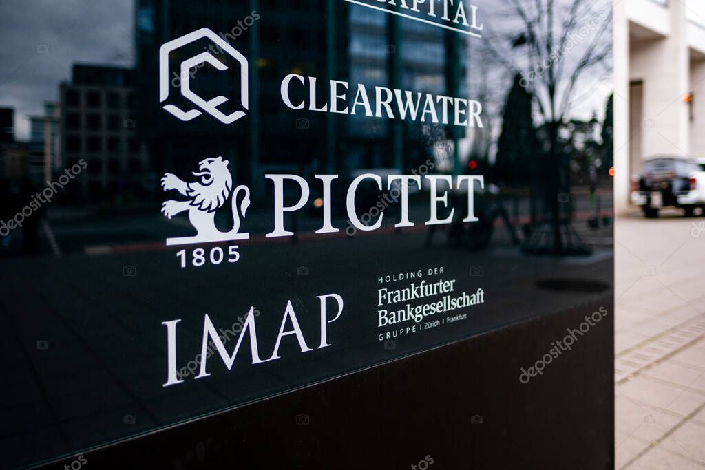 Iconic lion logo Pictet, renowned Swiss private bank Pictet Group, prominently displayed on glass facade, leading European independent investment firm offering, Frankfurt am main - January 25, 2025