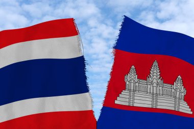 İki ulusal bayrak, yarılmış bayraklar Tayland ve Kamboçya, çatışma, bölünmüş ilişkiler, iki ülke arasındaki siyasi gerginlik, uluslararası ilişkiler, diplomasi Güneydoğu Asya